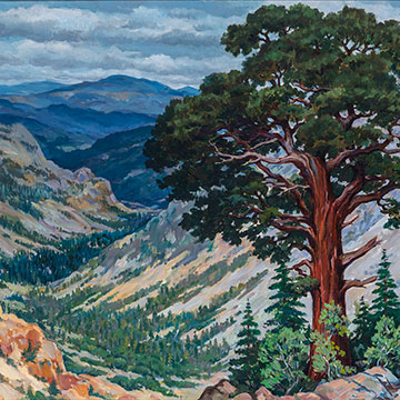 landscape painting of a large tree in the foreground and a mountain valley in the background